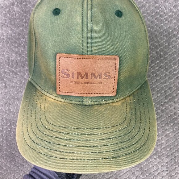 Simms Fishing Snapback Hat Cap Green Cotton with Leather Patch Distressed Faded - Picture 3 of 14